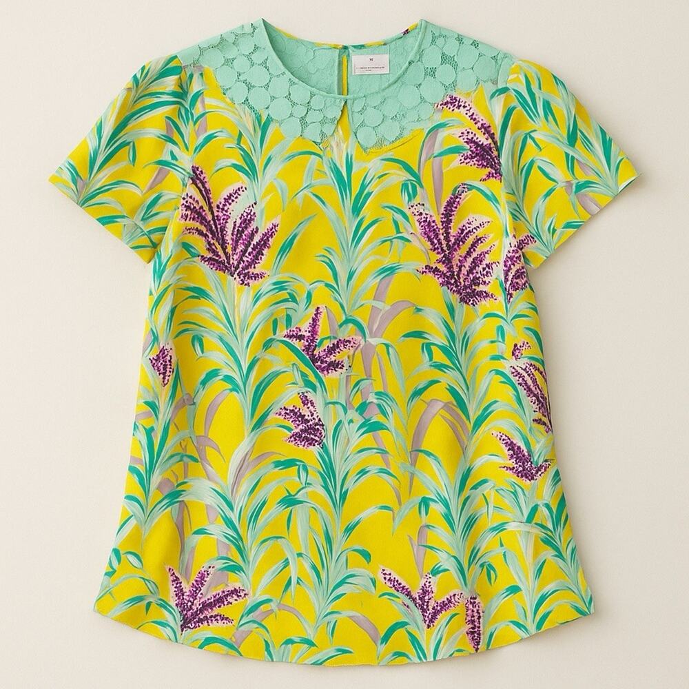 Kate Spade 100% Silk Tropical Print Lace Yoke Top Mint Yellow Purple Sz‎ 2